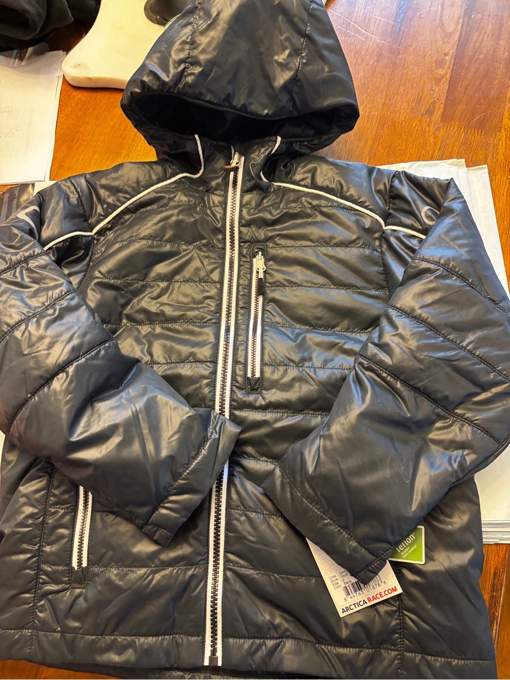 Arctica klids Black Hooded Puffer ski Jacket Contrast Zippers youth small nwt